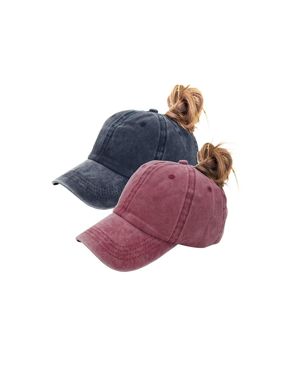 Ponytail Baseball Hat Distressed Retro Washed Womens | Black, Burgundy | Size M